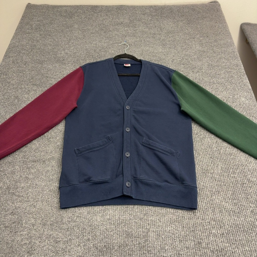 J Crew Cardigan Mens Medium Tall Blue Cotton Fleece Colorblock Preppy Casual